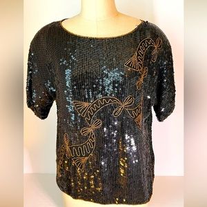 Jean for Joseph Le Bon Vintage 1980s Silk Black Beaded Top Size Medium